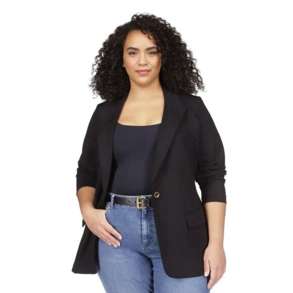 Michael Kors Women's 16W Knit One Button Blazer Ruched Sleeve Navy NWT $140 - Picture 1 of 10